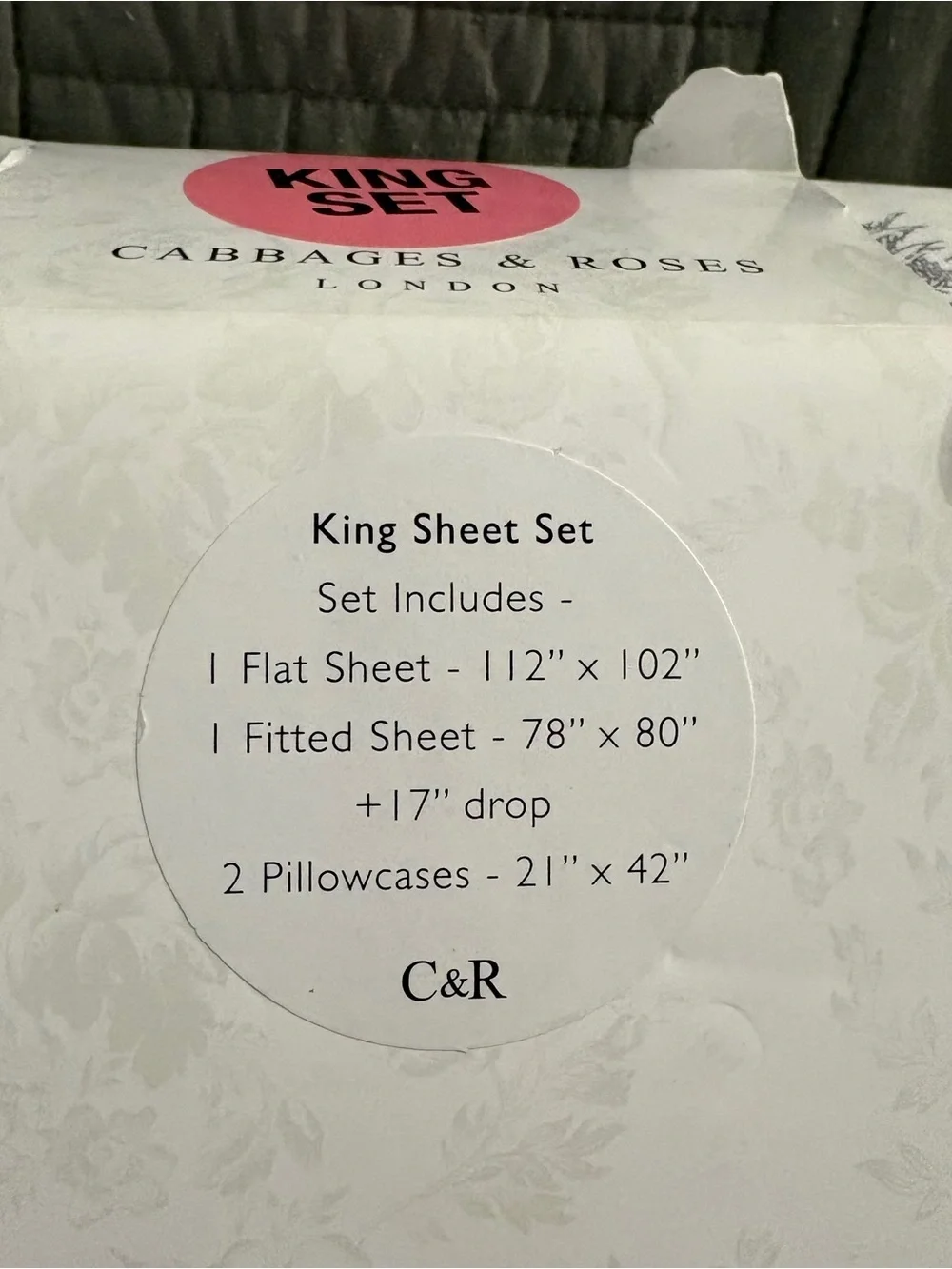 Cabbages & Roses LONDON Country Toile Slate Grey 4-Piece King Sheet Set NEW